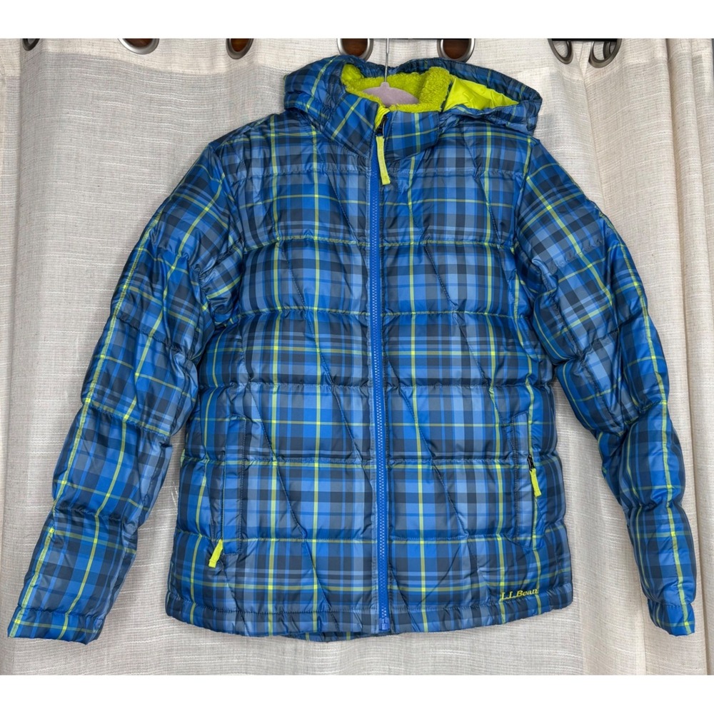 L.L. Bean Down Puffer Coat Downtek Fleece Lined Blue Plaid Youth Large 14/16‎